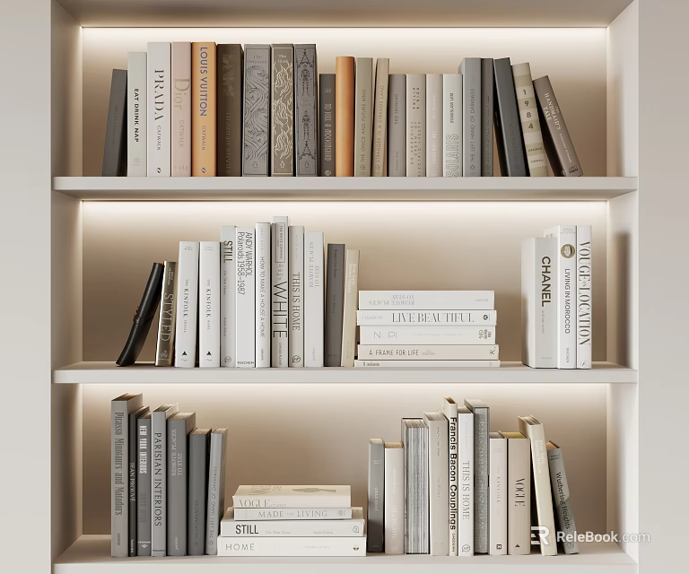 Three Tiered Illuminated Bookshelf With Neatly Arranged Neutral Tones Books And Magazines 3d model 
