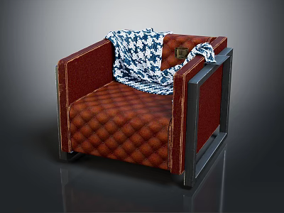 Diamond Tufted Red Single Sofa With Dark Frame And Blue White Checkered Blanket 3d model