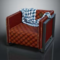 Diamond Tufted Red Single Sofa With Dark Frame And Blue White Checkered Blanket