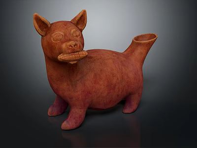 Reddish Brown Terracotta Dog Sculpture Carving with Ancient Design and Decorative Spout 3d model