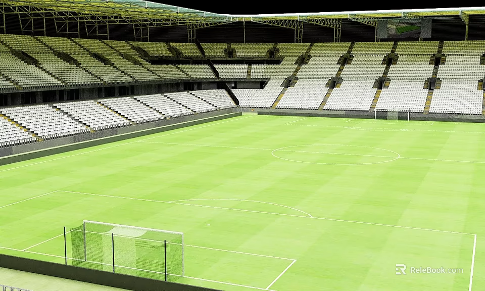 Modern Football Stadium With Green Pitch White Tiered Seats And Goalposts 3d model 