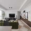 Bright Modern Open Plan Living And Dining Room With Cozy Green Sofa And Large Windows