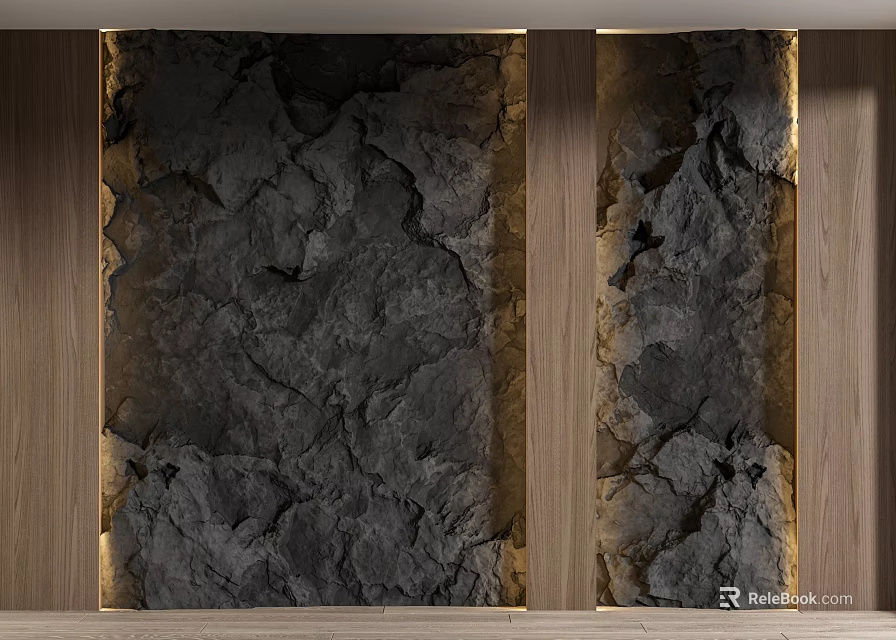 Dark Stone Textured Background Wall With Wooden Frame And Warm Lighting 3d model 