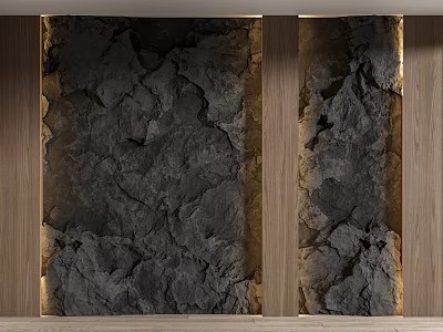 Dark Stone Textured Background Wall With Wooden Frame And Warm Lighting 3d model