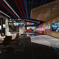 Modern Cinema Lobby With Comfortable Seats Digital Screens Movie Posters And Modern Lighting