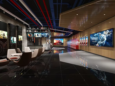 Modern Cinema Lobby With Comfortable Seats Digital Screens Movie Posters And Modern Lighting 3d model