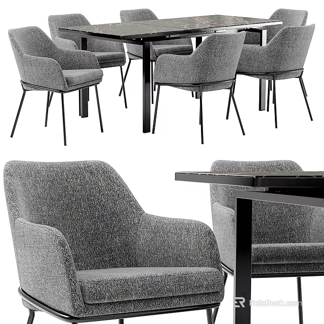 Modern Dining Table Set With Gray Fabric Chairs And Black Table Top 3d model