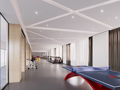 Modern Spacious Bright Gym With Ping Pong Table Fitness Equipment Geometric Ceiling Large Windows 3d model