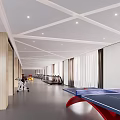 Modern Spacious Bright Gym With Ping Pong Table Fitness Equipment Geometric Ceiling Large Windows