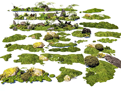 Lush Green Moss Covered Stones And Various Natural Garden Elements 3d model
