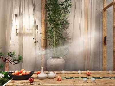 Serene Hotel Lounge Area With Wooden Table Potted Bamboo And Soft Lighting 3d model