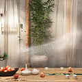 Serene Hotel Lounge Area With Wooden Table Potted Bamboo And Soft Lighting