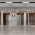 Modern Elevator Lobby Featuring Number 6 Ceiling Decoration Marble Walls And Wooden Elements 3d model