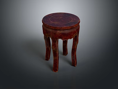 Red Wooden Stool With Round Top And Four Elegant Carved Legs 3d model