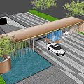 Modern Entrance Gate With Glass Curtain Wall Metal Frame Green Lawn And Gray Paved Ground