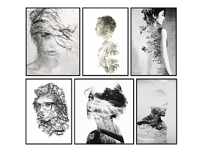 Creative Black And White Portrait Paintings Collection With Natural Elements Line Details 3d model