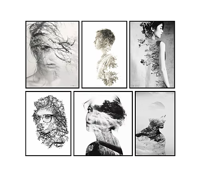 Creative Black And White Portrait Paintings Collection With Natural Elements Line Details 3d model