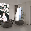 Modern Lounge Area with Glass Partition Cherry Blossom Mural Leather Sofas Floor to Ceiling Windows