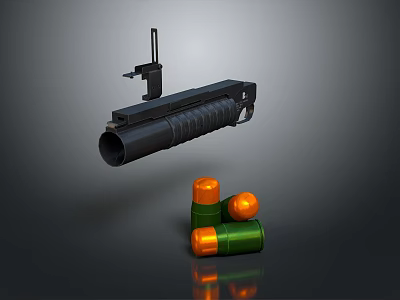 Modern Black Shotgun With Green And Orange Ammunition Isolated On Gray Background 3d model