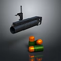 Modern Black Shotgun With Green And Orange Ammunition Isolated On Gray Background