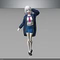 Anime Style 3D Female Character With White Hair Blue Coat Pink Necktie And Blue Skirt