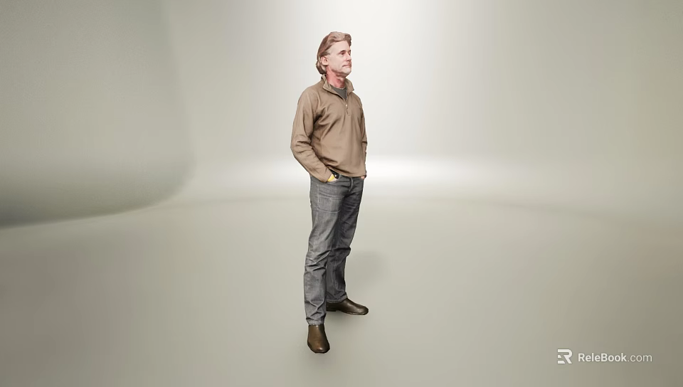 Man Standing In Brown Shirt Jeans And Boots 3d model 