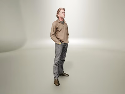 Man Standing In Brown Shirt Jeans And Boots 3d model