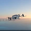 Futuristic Flying Vehicle Hovering Over Water Near Bridge With Blue Sky At Sunset
