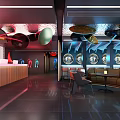 Modern Restaurant Featuring Long Tables Red Gray Chairs Unique Ceiling Decor And Circular Wall Art 3d model