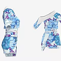 White Base Blue Floral Pattern Off Shoulder Dress With Three Quarter Sleeves And Waist Belt