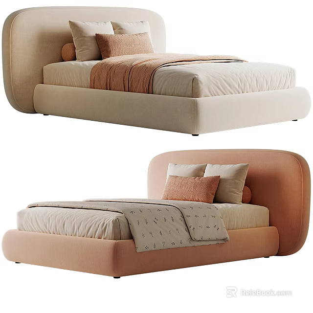 Modern Double Bed Design With Curved Headboard Soft Colors Pillows And Blankets 3d model 