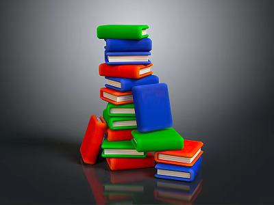 Colorful Book Stack With Green Blue Red Orange Books Stacked And Scattered On Dark Surface 3d model