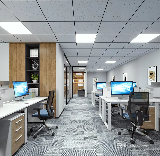 Public Office Space With Open Layout Modern Desks Computers Ergonomic Chairs Bright Lighting And Plants 3d model 