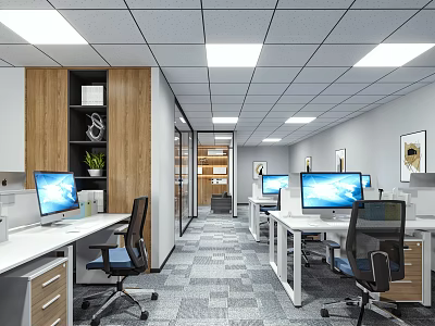 Public Office Space With Open Layout Modern Desks Computers Ergonomic Chairs Bright Lighting And Plants 3d model