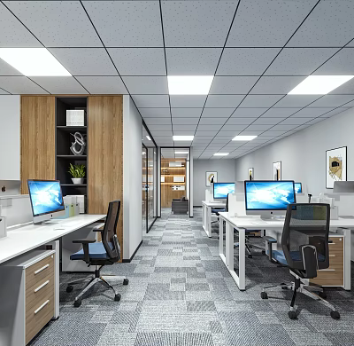 Public Office Space With Open Layout Modern Desks Computers Ergonomic Chairs Bright Lighting And Plants 3d model