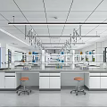 Modern Laboratory Interior With White Lab Benches Hanging Lights Orange Stools And Equipment