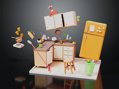 Cartoon Kitchen Scene With Yellow Refrigerator White Cabinets Red Pendant Light And Floating Kitchen Utensils 3d model