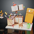 Cartoon Kitchen Scene With Yellow Refrigerator White Cabinets Red Pendant Light And Floating Kitchen Utensils