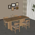 Quiet Original Wood Style Dining Table and Chair Combination Solid Wood Dining Table Wooden Dining Chair Long Dining Table Log Style Dining Room Middle Ancient Decorative Painting Vase Flower Art Dried Branches 3d model