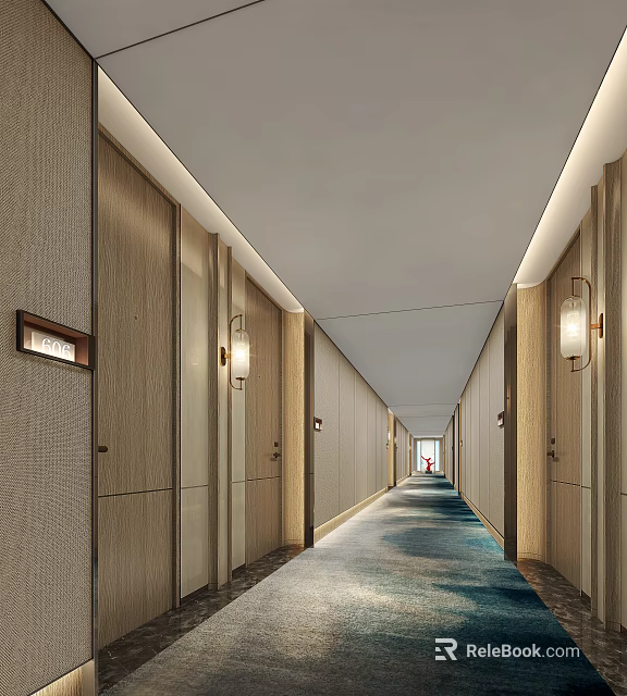 Hotel Corridor With Wooden Walls Wall Lamps And Blue Carpet At End 3d model 