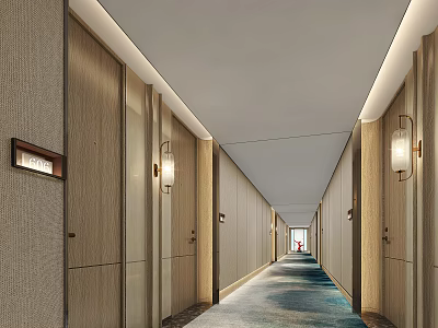 Hotel Corridor With Wooden Walls Wall Lamps And Blue Carpet At End 3d model