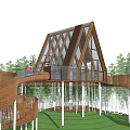 Wooden Children's Playground With Spiral Slides Cabin Green Lawn And Trees
