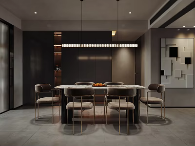 Modern Minimalist Dining Living Room Interior Design With Dining Table Chairs And Pendant Lights 3d model