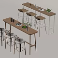 Modern Wooden Bar Counter With Stools Potted Plant And Tabletop Decor Items