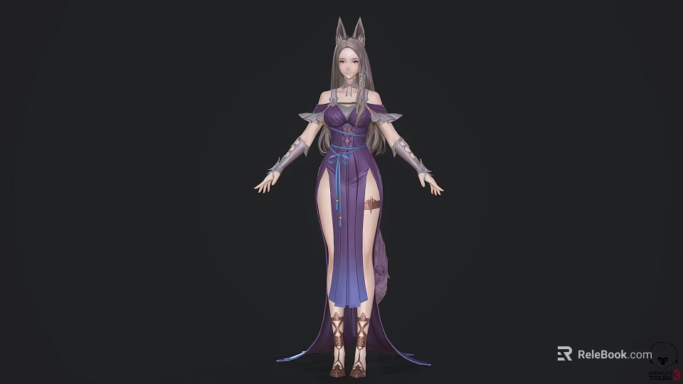 Game Film Character Featuring Wolf Ears Purple Blue Ripped Dress Long Hair Tattoos And Boots 3d model 
