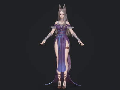 Game Film Character Featuring Wolf Ears Purple Blue Ripped Dress Long Hair Tattoos And Boots 3d model