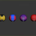 Colored Glossy Spheres Yellow Blue Purple Red Arranged in Row With Reflective Surfaces Gray Background