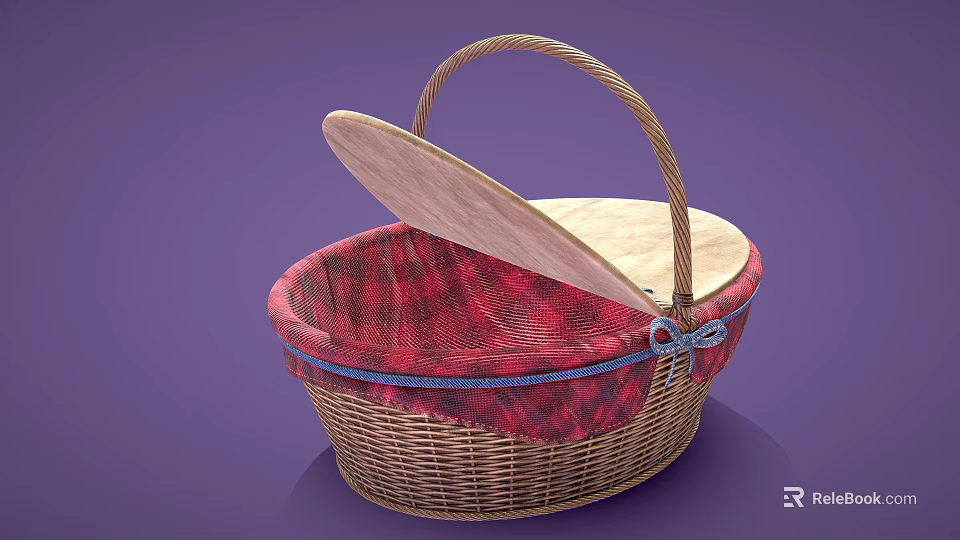Wicker Storage Basket With Open Wooden Lid Red Plaid Fabric And Blue Bow Trim 3d model 
