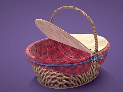 Wicker Storage Basket With Open Wooden Lid Red Plaid Fabric And Blue Bow Trim 3d model