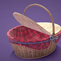 Wicker Storage Basket With Open Wooden Lid Red Plaid Fabric And Blue Bow Trim
